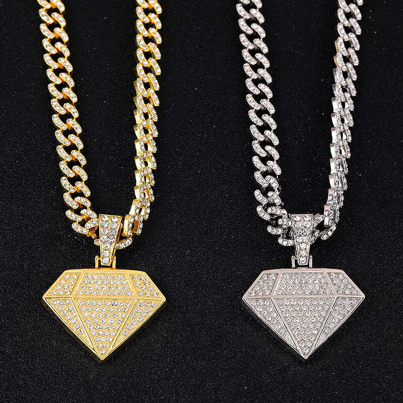 Cross-border best-selling diamond-studded hip-hop pendant, high-quality electroplated alloy Cuban necklace, 60cm, exaggerated and fashionable
