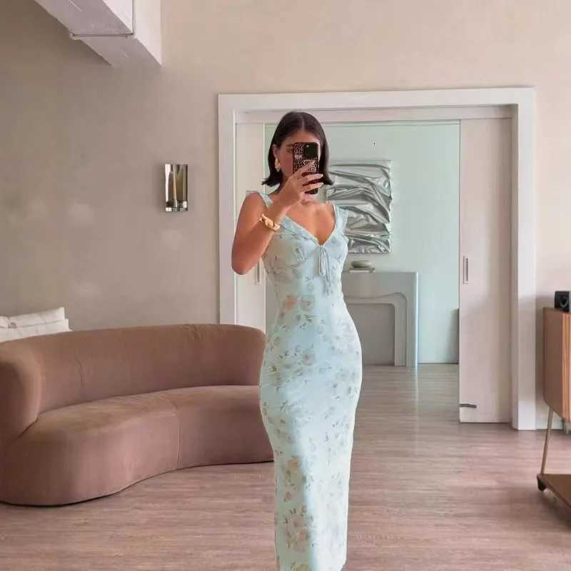 Sexy Elegant Flower Print Slim Long Dresses Women V-neck Low Cut Leace-up Backless Package Hip Bodycon Sleeveless Dress Female X260306