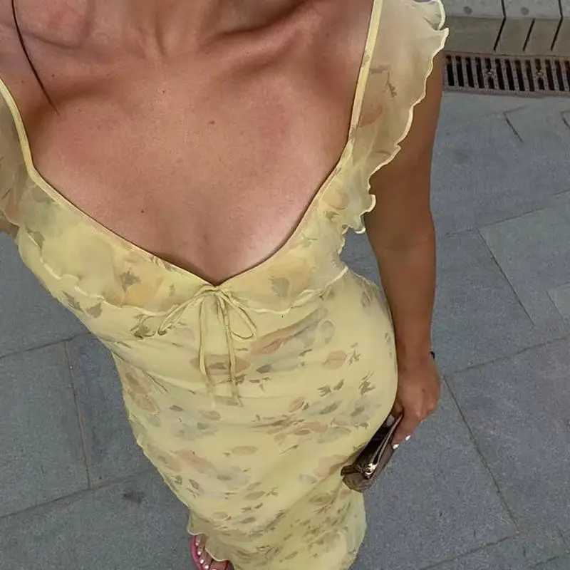 Sexy Elegant Flower Print Slim Long Dresses Women V-neck Low Cut Leace-up Backless Package Hip Bodycon Sleeveless Dress Female X260306