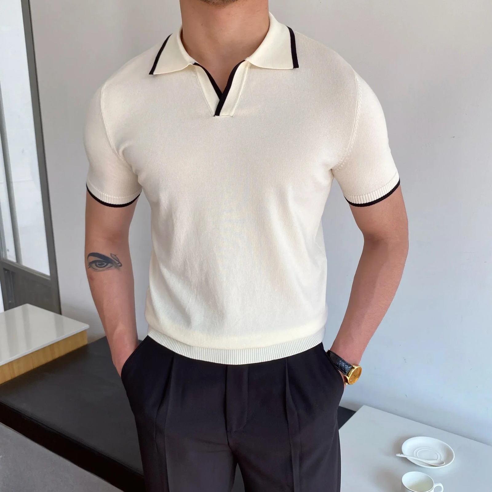 Mens Polo Shirt ElbowSleeved Tshirt Fashion Collar SlimFit Men Clothing Woolen Sports Tee Man Golf EUR 260302