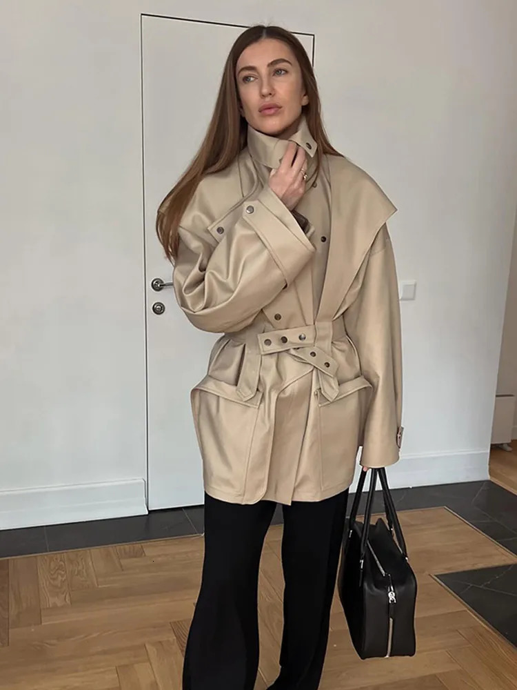 Women Buttons Waist Cinching Windbreaker Solid High Neck Long Sleeve Singlebreasted Trench Coat Lady Autumn Street Outerwear 260228