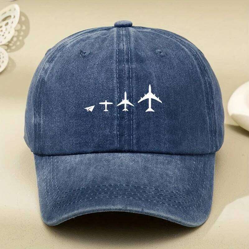 Retro airplane print washed baseball cap adjustable for both men and women, breathable black casual outdoor activity sun hat Y260304
