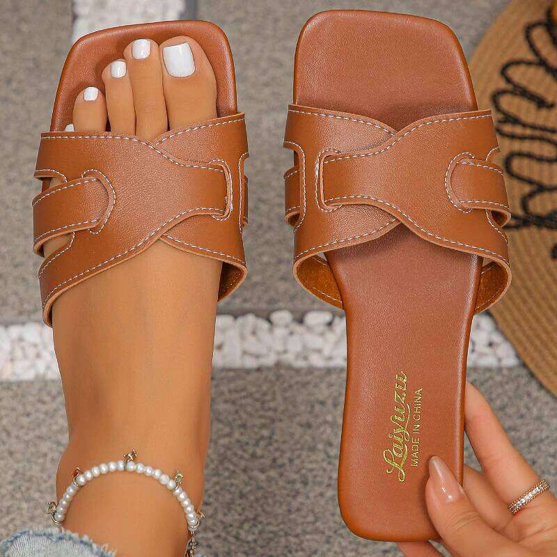 2025 summer new women's solid color square open toe casual slippers outdoor anti slip and wear-resistant flat sandals