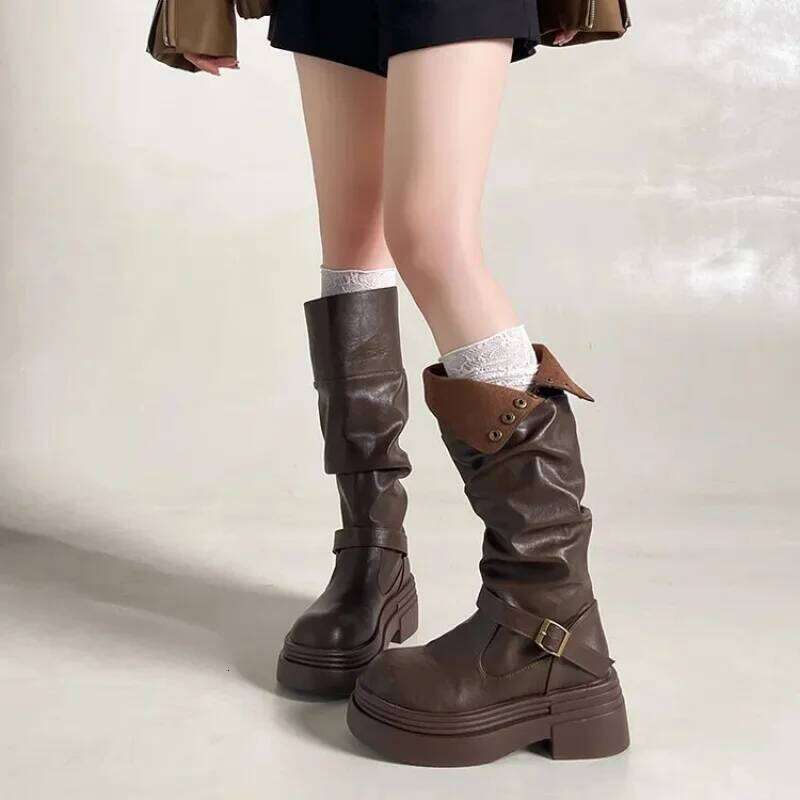 Women's Two-Way Foldable Knee-High | Thick-Soled Retro Punk Biker Boots with Buckle Straps