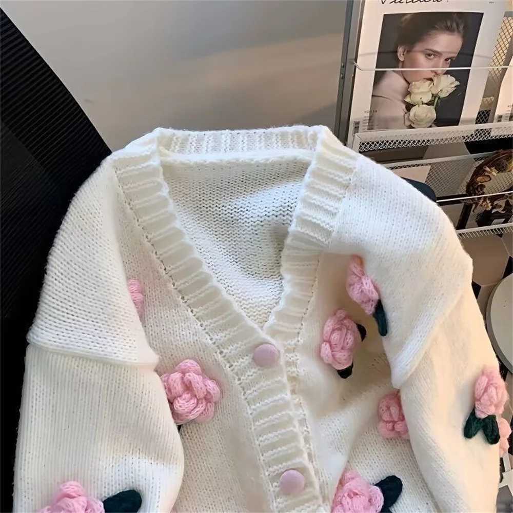 2026 New Fashion Sweet Flower Cardigan Sweater Women Autumn Winter V Neck Twist Short Knitted Coat Korean Women Clothing Tops M260306