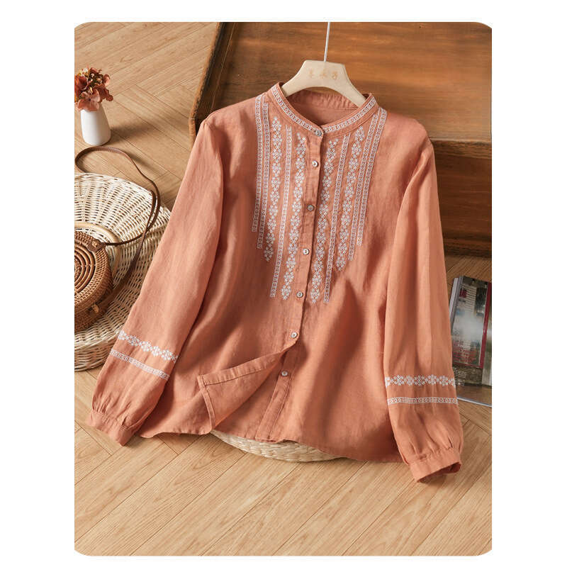 Mardi Hefxessdr stand collar long-sleeved shirt Spring new women's stand-collar versatile long-sleeve shirt top cotton-linen Chinese shirt women&