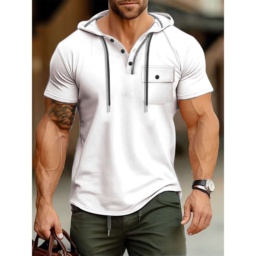 Men's Fitness Hooded Short Sleeve T-Shirt Summer Hoodie Sports Top American Style Henley Shirt