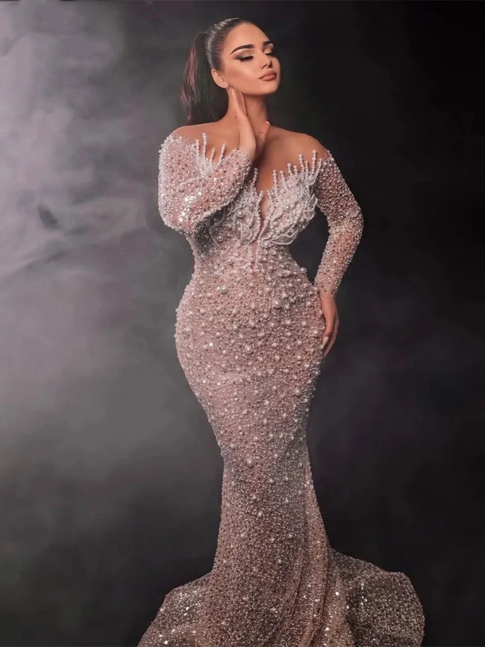 Plus Size Mermaid Evening Dress Pearls Sequined O Neck Prom Gowns Luxury Long Sleeve Floor-Length Party Dresses Customized