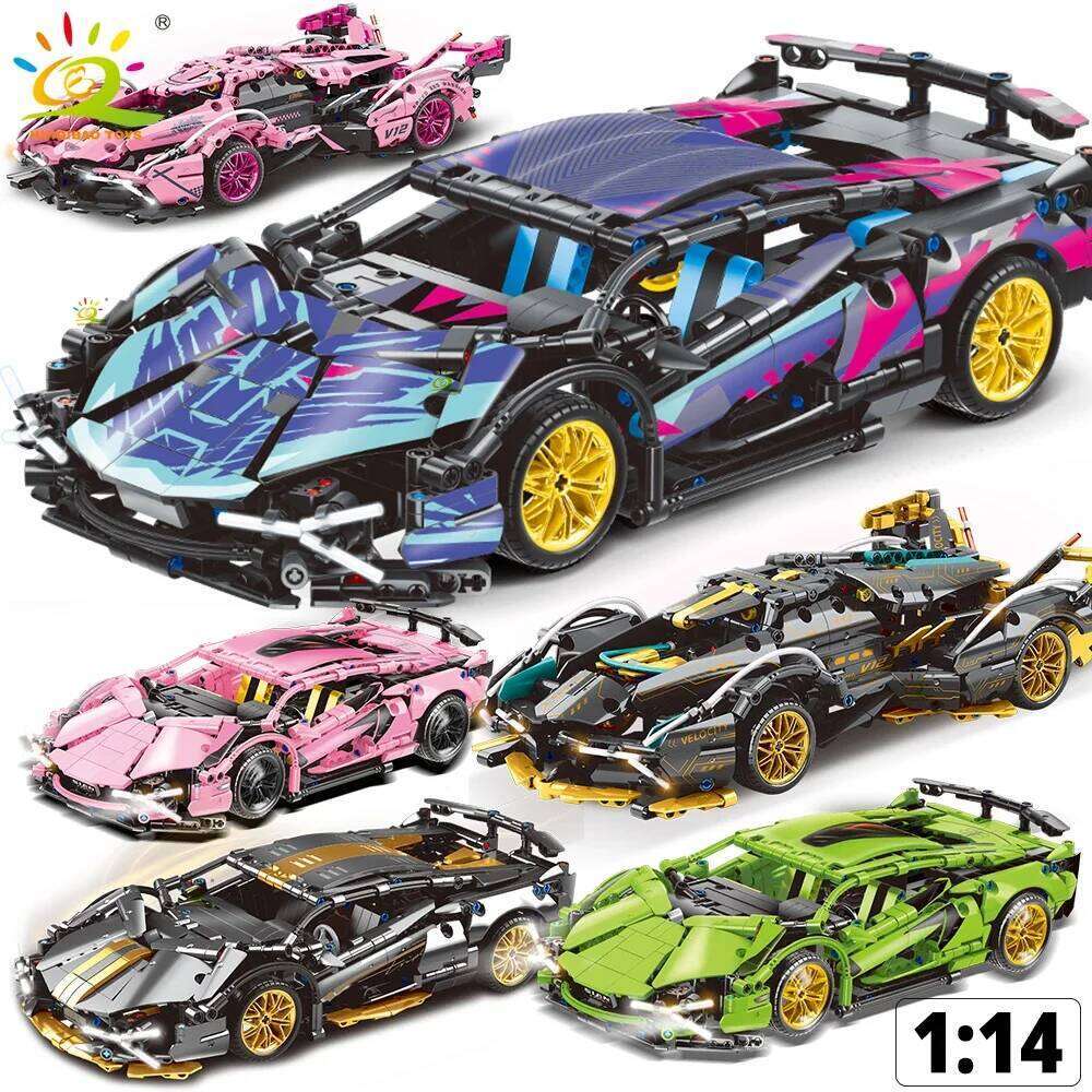 HUIQIBAO 1:14 Racing Car Technical Model Building Blocks MOC Led line Bricks Display box Children City Construction Toy Boy Game Z260306
