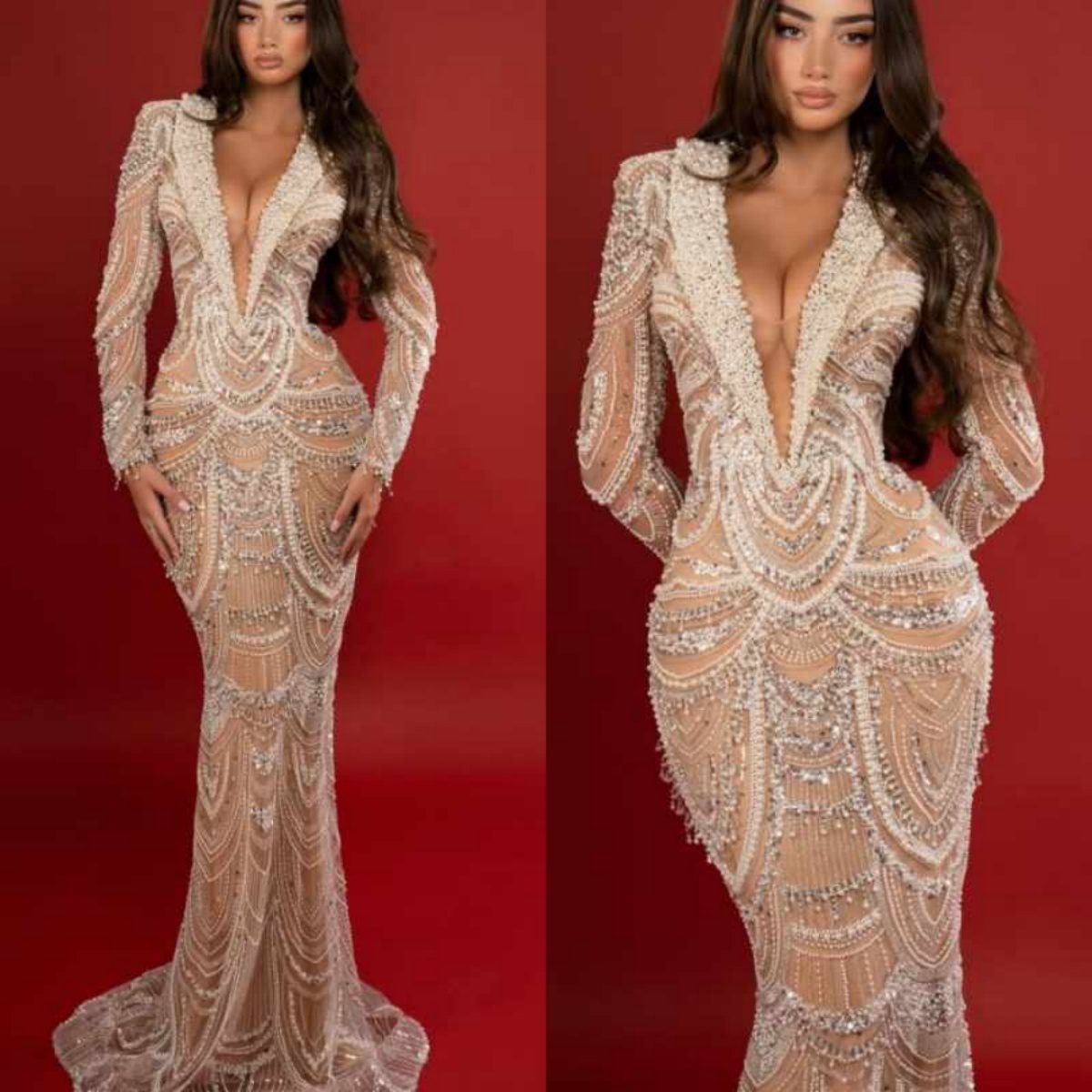 Elegant Evening Dresses Mermaid V-Neck Pearls Beads Long Sleeve Prom Dresses Celebrity Party Gown Customized Vestido De Novia