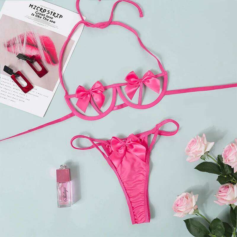 Fashion Lace Bra Panties Underwear Female Steel Ring Hollow Garters Sexy Bowknot Thong Lingerie Set Lenceria