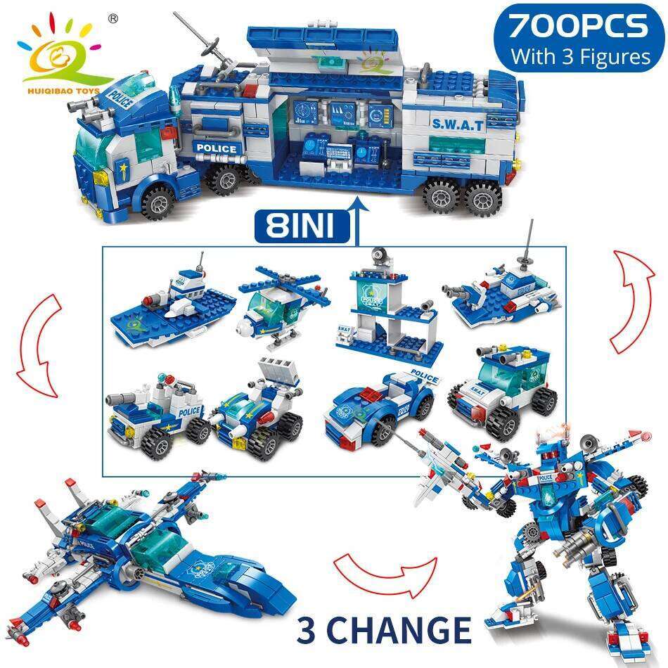 HUIQIBAO 700PCS 8in1 City Police Command Trucks Building Blocks Policeman Robot Car Helicopter Model Bricks Toys for Children Z260306