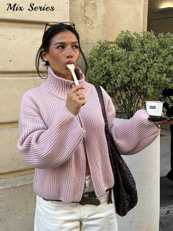 Casual Turtleneck Knitted Ribbed Sweater Womens Loose Full Sleeve Zippers Cardigan 2025 Autumn Winter Lady Minimalist Outerwear M260306