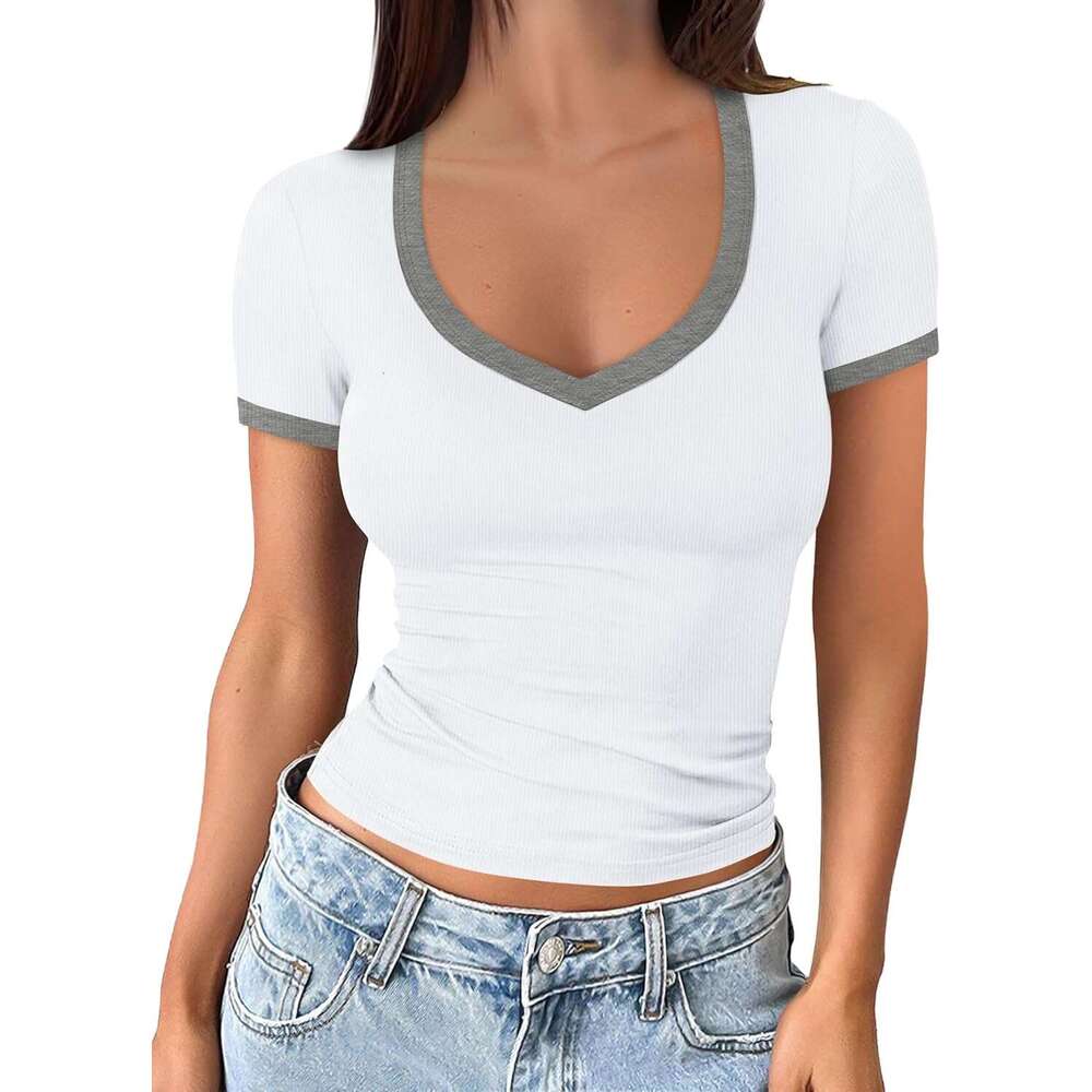 Short Sleeve Designer Shirts for Women V Neck Summer Ribbed Tshirts 2026 Slim Fit Spring Fashion Going Out Basic Tees