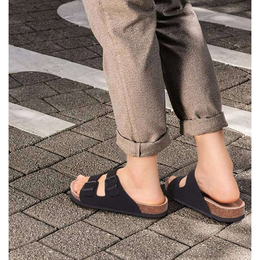 Litfun Women's Cork Footbed Classic Leather Flats Slippers Thick Bottom Double Buckle Slides Beach Sandals Adjustable