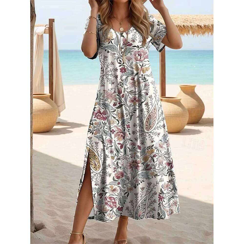 Elegant Summer Plus Size V-Neck Butterfly Print Dress - Split Hem Short Sleeve Women's Fashion