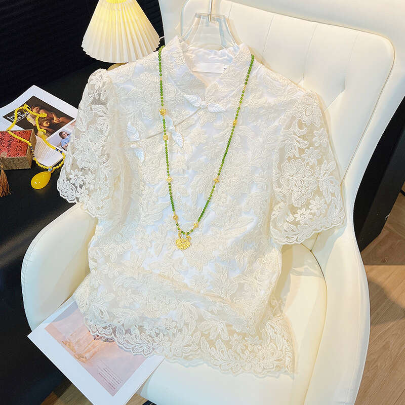 Short sleeve Blouse Women Lace Design Embroidery Elegant Female Fashion Tops Casual Stand-collar Chinese Style New Style Button Chinese National Style
