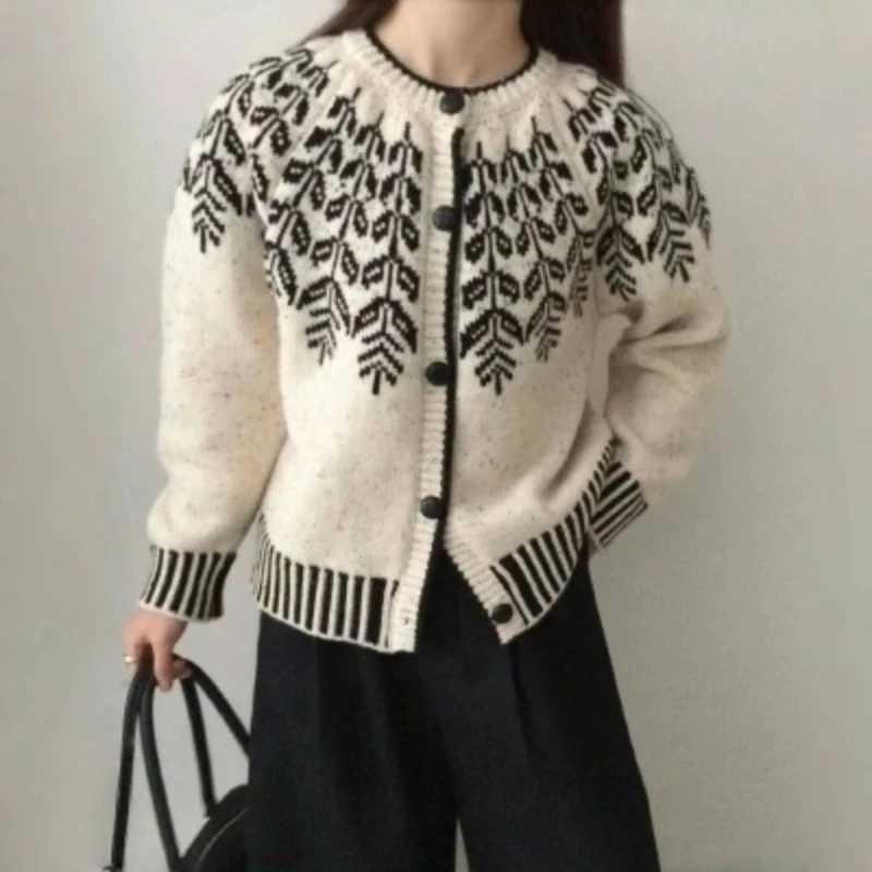 Zjaiss Autumn Winter Lazy Style Loose Long Sleeves O-neck Single-Breasted Knitted Cardigan Korean Retro Jacquard Women Sweater M260306