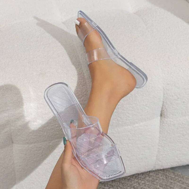 2025 Candy Colored Jelly Slippers Transparent Square Flip Flops for Open Toe Flat Casual Women Slides Beach Shoes