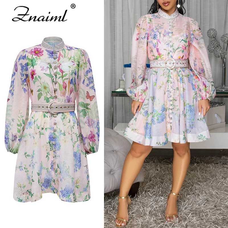Znaiml Elegant Flower Printed Stand Collar Lantern Sleeve A-Line Mini Dress with Sashes Boho Style Birthday Party Club Vestidos X260306