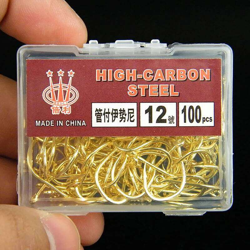 Funny100pcs Box Gold Color With Ring Tube Pay Iseini Barbed High Carbon Steel Sea Fishing Hooks S260305