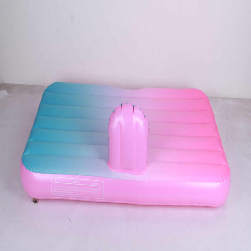 Gradient Inflatable Air Mattress with Built-in Pillow - Portable Single Bed for Camping, Guest Room & Home, Ombre Blue/Pink Design, Thickened PVC Slee