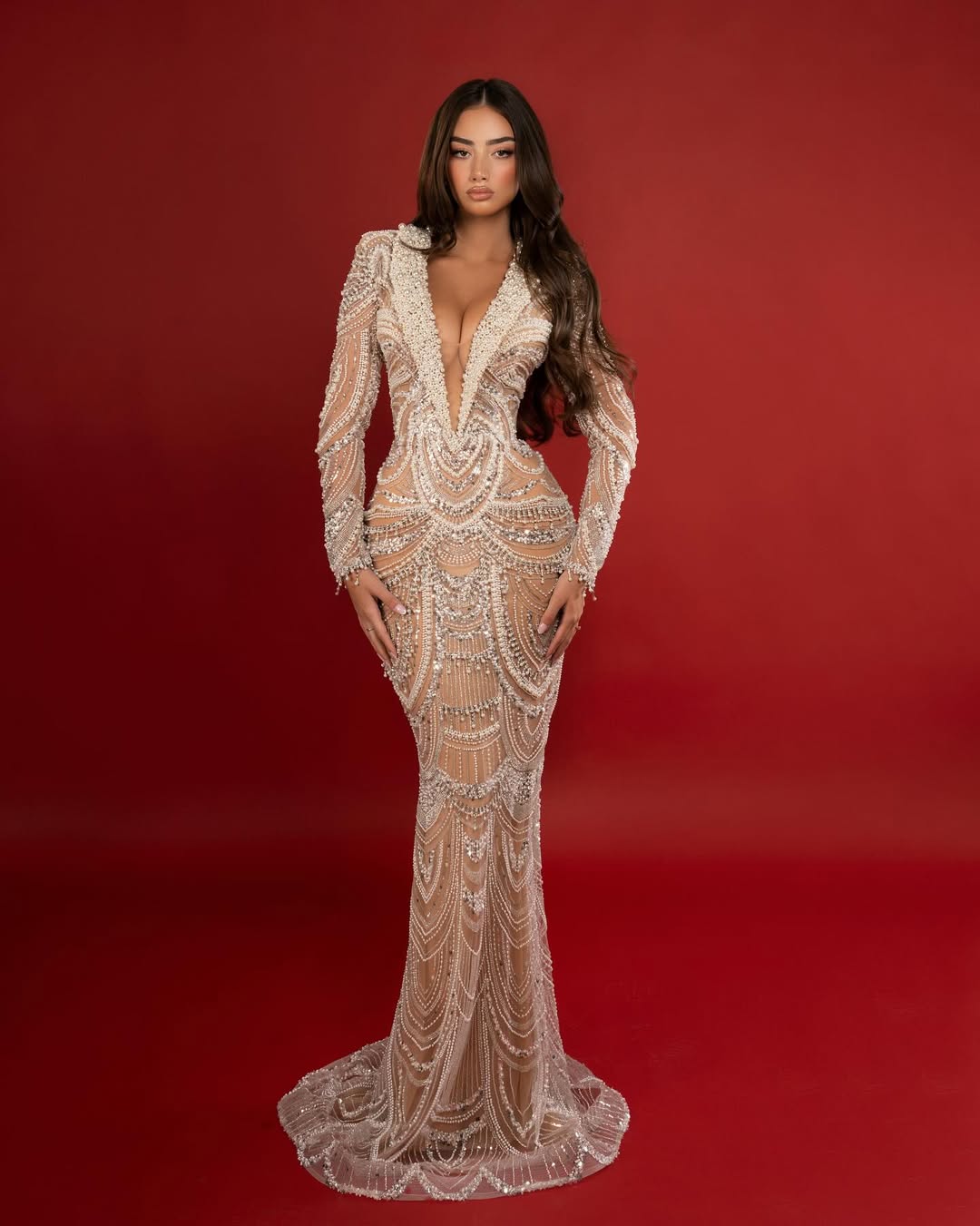Elegant Evening Dresses Mermaid V-Neck Pearls Beads Long Sleeve Prom Dresses Celebrity Party Gown Customized Vestido De Novia