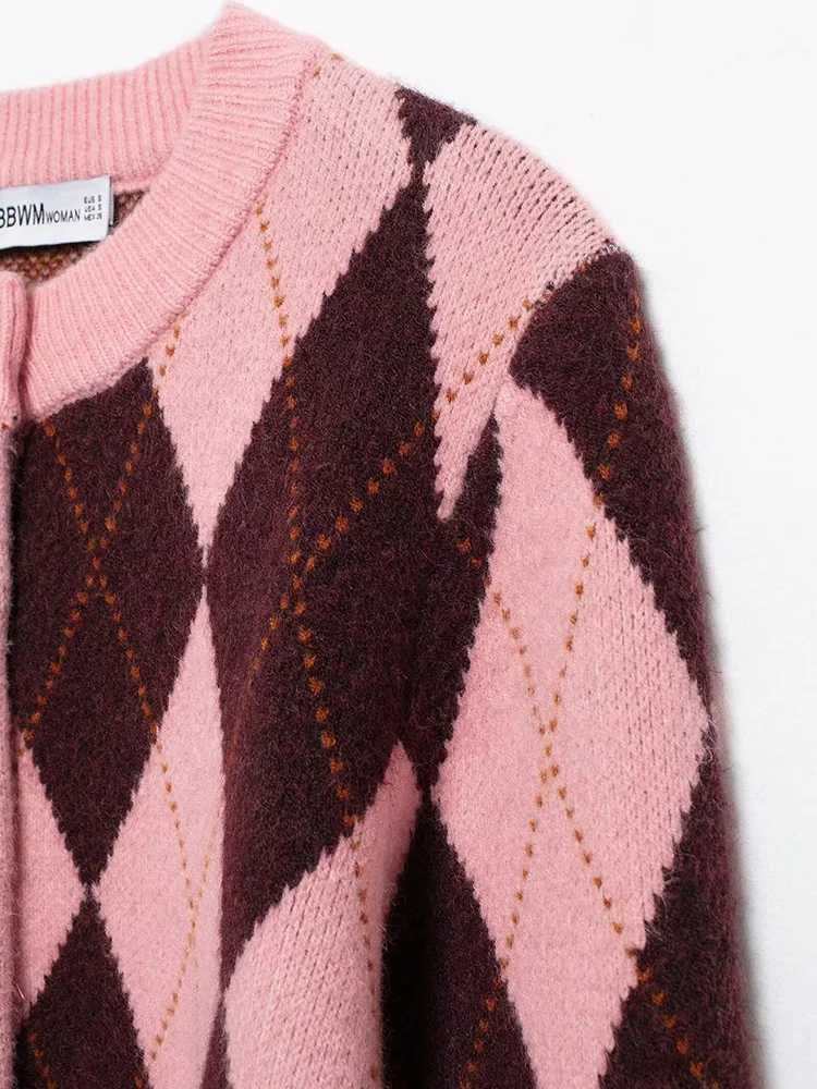 New Fall Winter 2024 Women Geometric Print Knitwear Vintage Ladies Crew Neck Long Sleeve Single Breasted Cardigan M260306