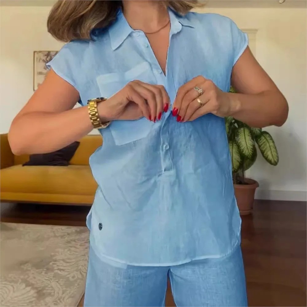 Spring summer short-sleeved shirt women Solid color cotton linen Suit Fashion pocket leg pants Female office elegant 2piece set 260304