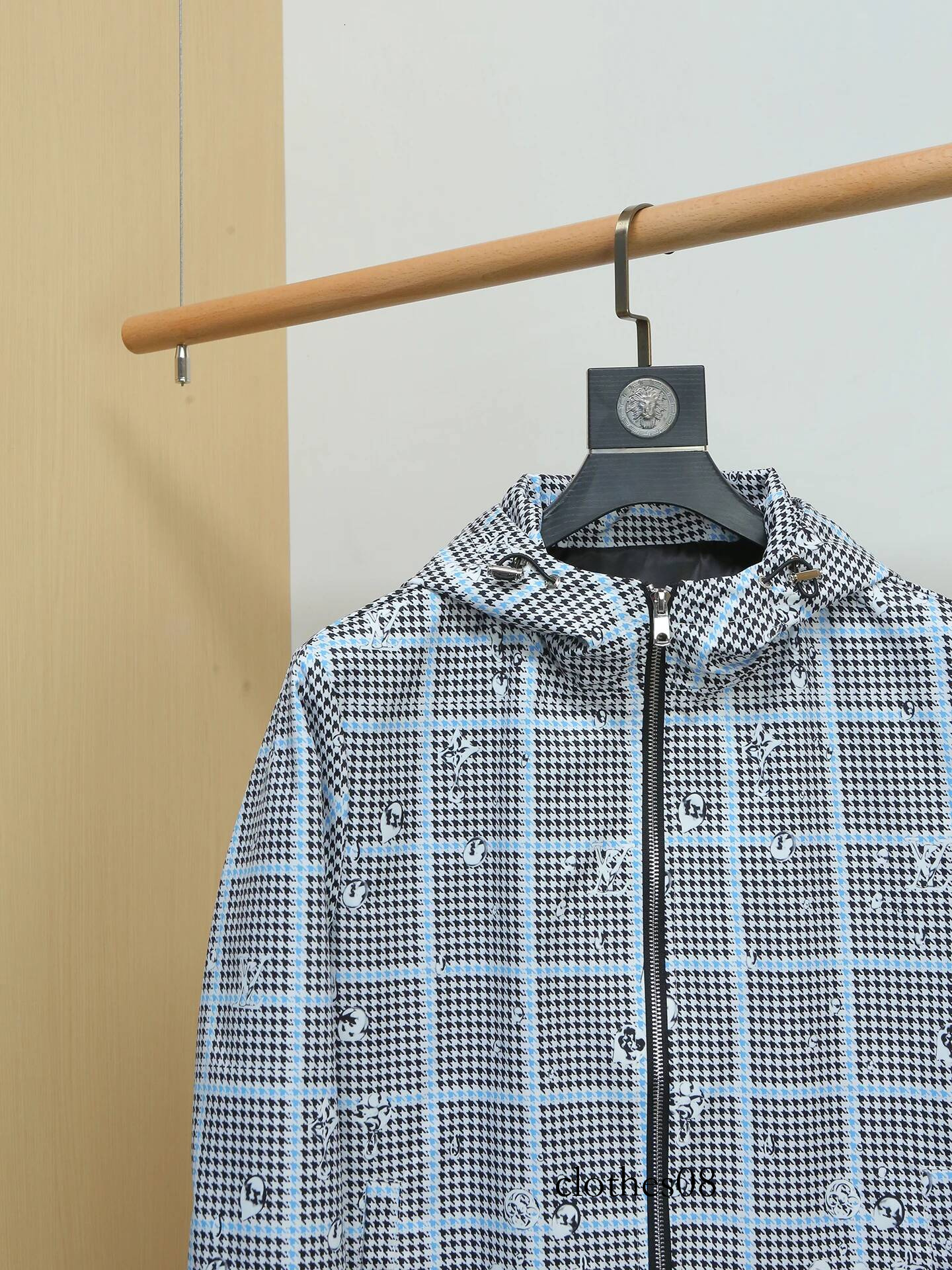 Spring Thin Plaid Print Jaet Men's Trendy Versatile Top Youth Slim Fit Hooded Outerwear Breathable Polyester Long Sve Zi...