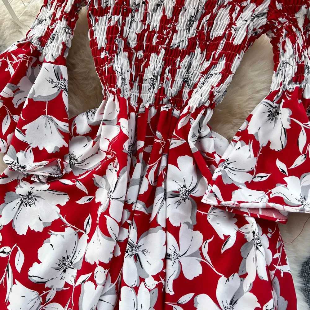 YuooMuoo Chic Fashion Floral Print Women Dress 2025 New Summer Y2K Off Shoulders Flare Sleeve Long Dress Vacation Beach Vestidos X260306