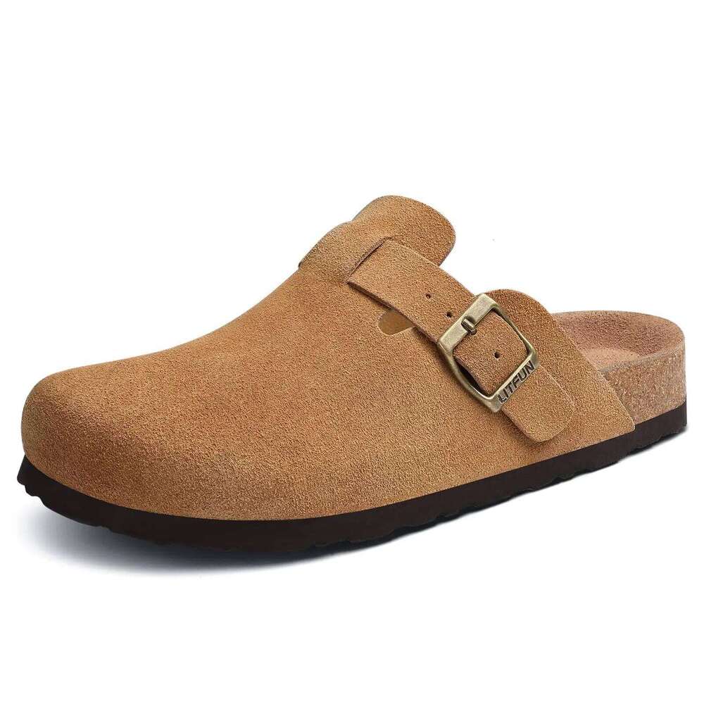 Litfun Fashion Men's Suede Slippers Soft Footbed Leather Mules Summer Cork Sole Sandals With Arch Support Classic Clogs