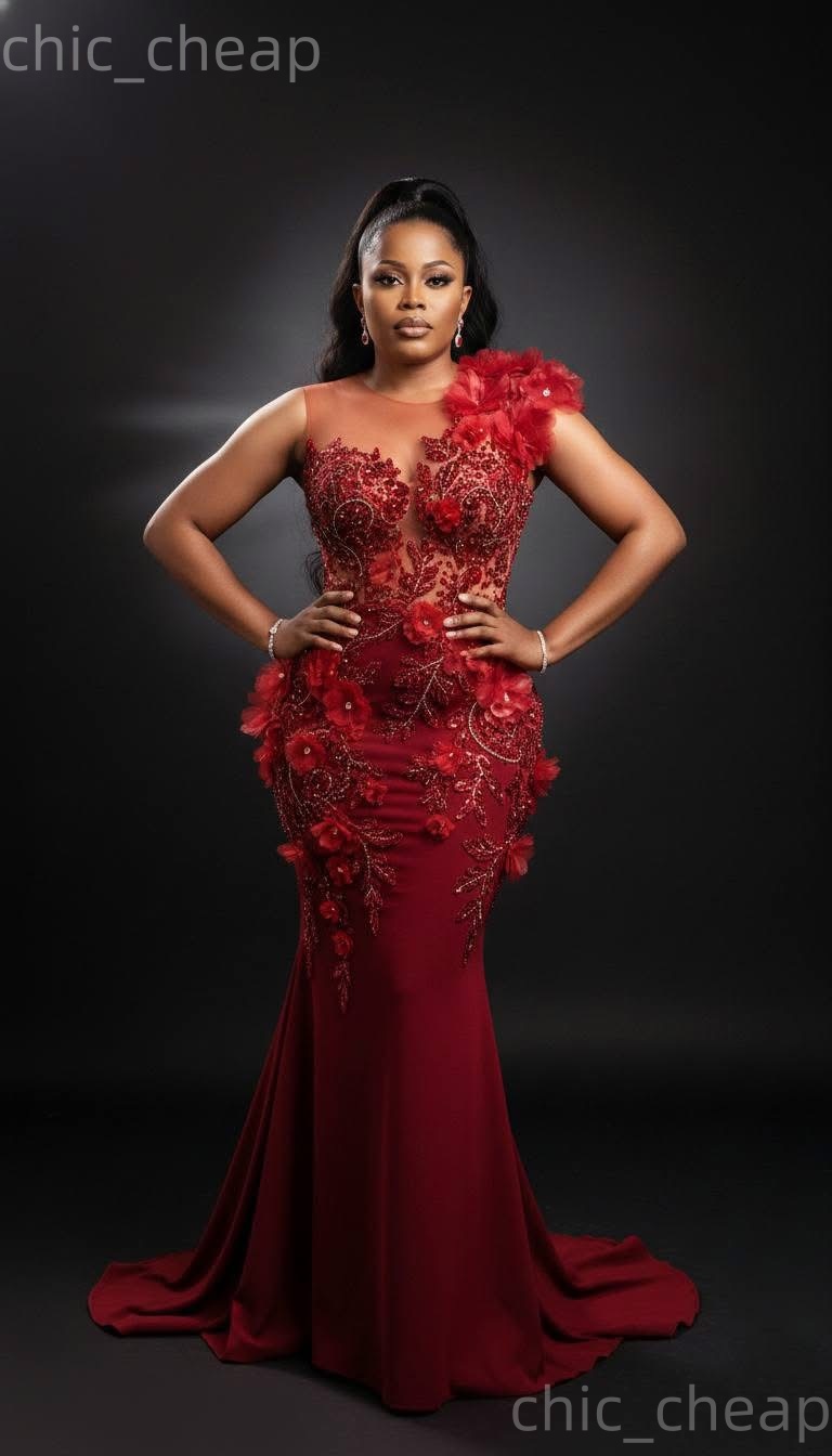 Aso Ebi Dark Red Prom Dress 2026 Mermaid Prom Dress Appliques Beaded Flowers Evening Dresses For Black Women Birthday Party Formal Receiption Gowns Dr