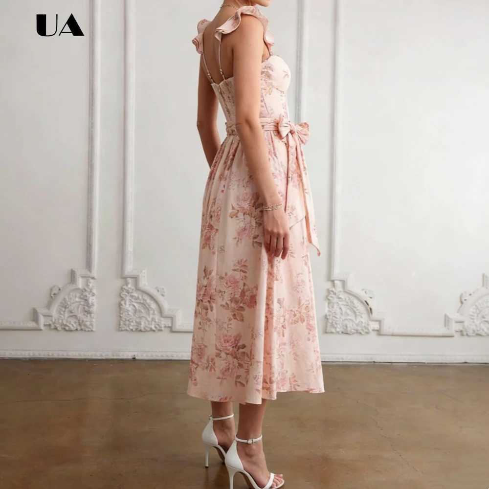Elegant Flower Printed Sweetheart Neck Prom Dress with Ruffled Flying Sleeve Classic Empire Midi Party Dress French Slit Dress X260306