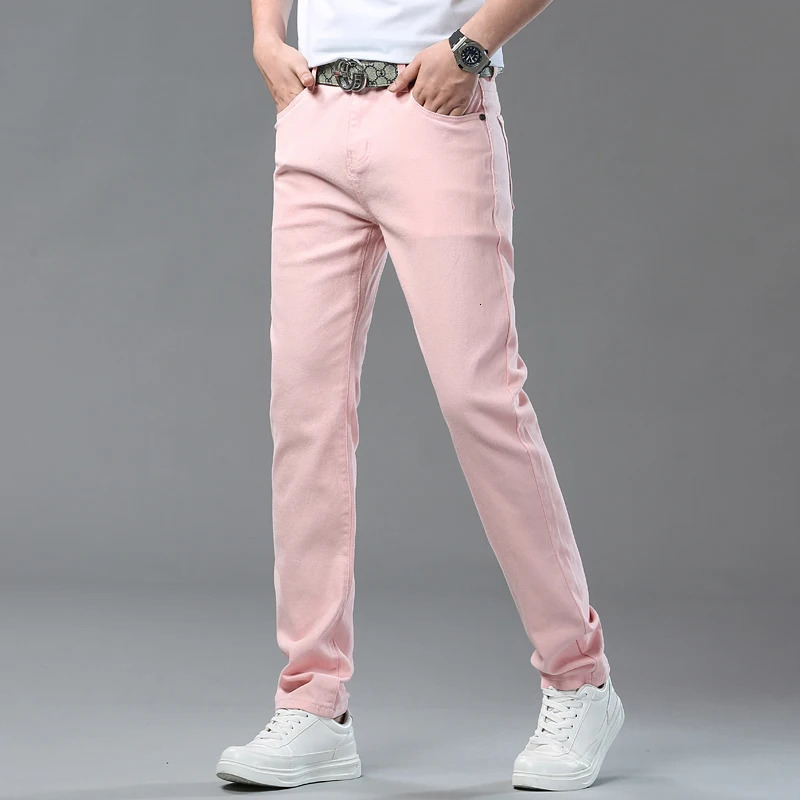 2025 Autumn Mens Elastic Colorful Jeans Breathable Casual Straight Fitted Solid Color Denim Pants Korean Fashion Trousers 260228
