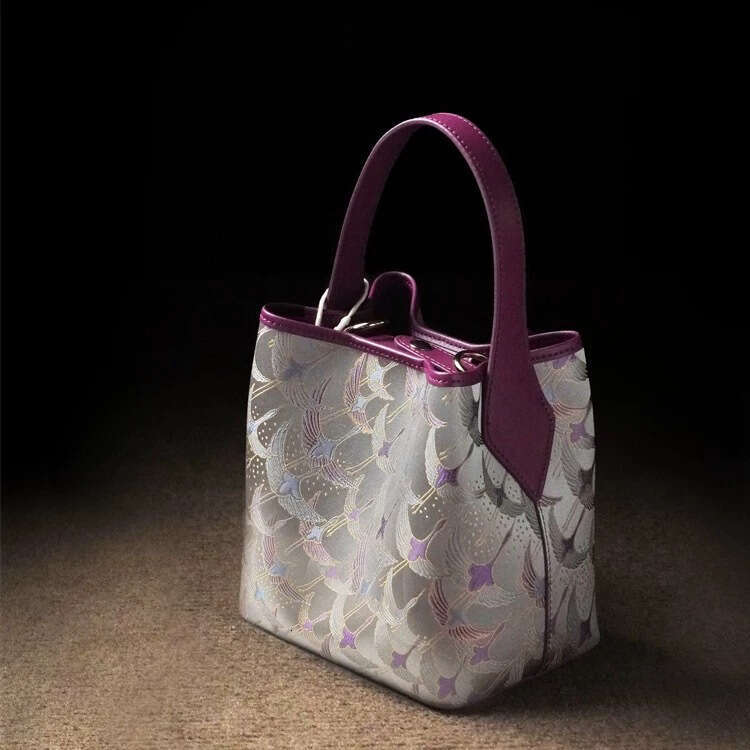Tote Artistic This Year S Trend Chinese New Song Brocade Bucket For Women National Style Four Flower Purple Green Single Shoulder Crossbody Bag