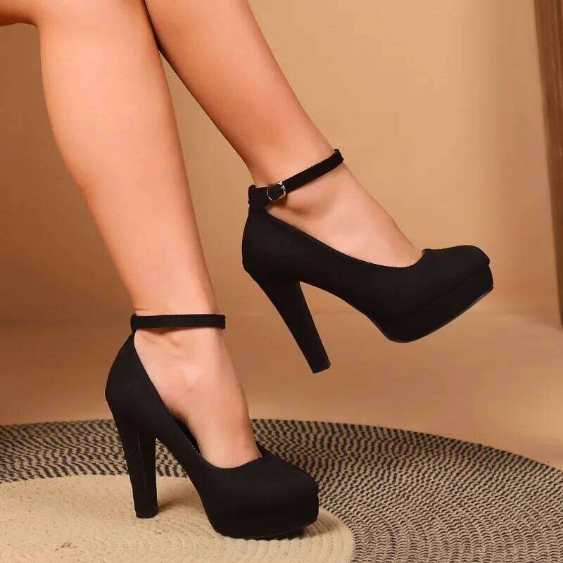 Large Size 42 Sexy Super High Heels for Women Ankle Buckle Chunky Platform Pumps Woman Black Flock Square Heel Party Shoes
