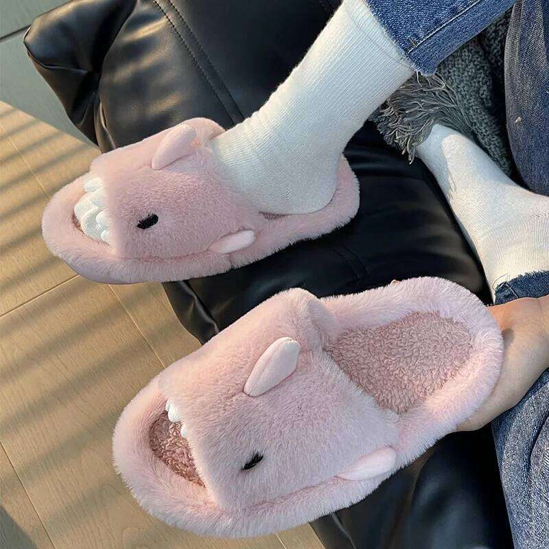 Litfun Plush Shark For Women Men Soft Furry Slippers Winter Indoor Cotton Shoes Open-Toe Non-slip Home Flip Flop