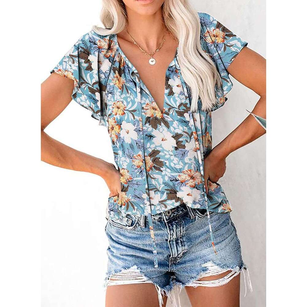 Women's Boho Tops Floral V Designer Neck Short Sleeve Summer Blouse Shirts