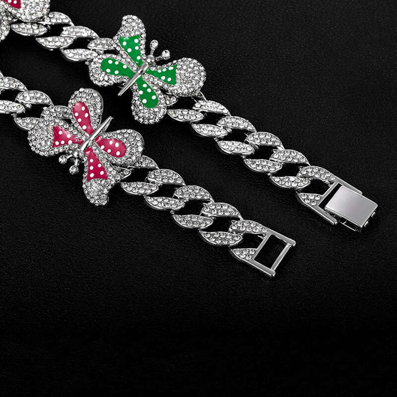 High-Quality European and American INS Jewelry Full Diamond Oil Drop Butterfly Cuban Necklace Hip-Hop Collarbone Chain Women Wholesale Pendant