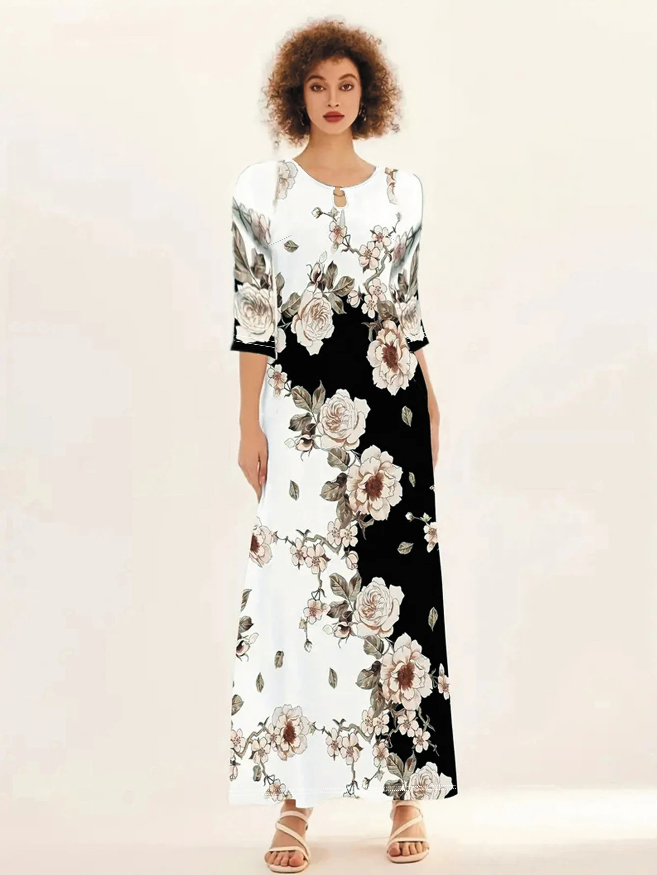 Womens Casual Dress Plus Size Print Half Sleeve Round Neck Maxi With Pockets 260302