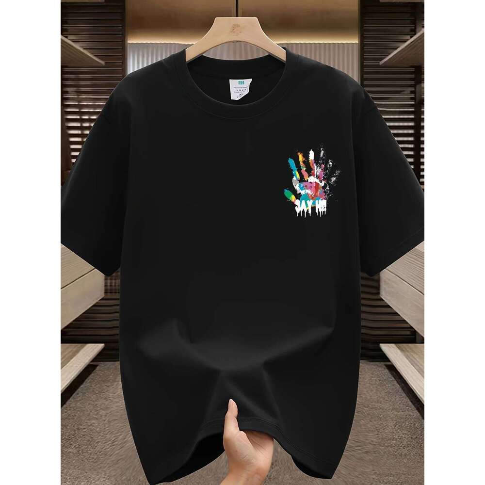 Men's Summer 100 Cotton Fashionable Casual Sports Loose Large Size Color Handprint Round Neck Short Sleeve T-shirt Top 26H0306