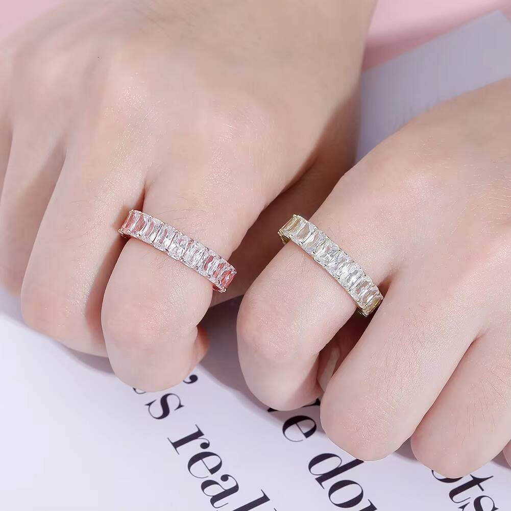 Fashion Trendy Iced Lab Created Zircon Geometric Hip Hop Eternity Engagement Wedding Band Ring Brass Platinum/Gold Plated Men