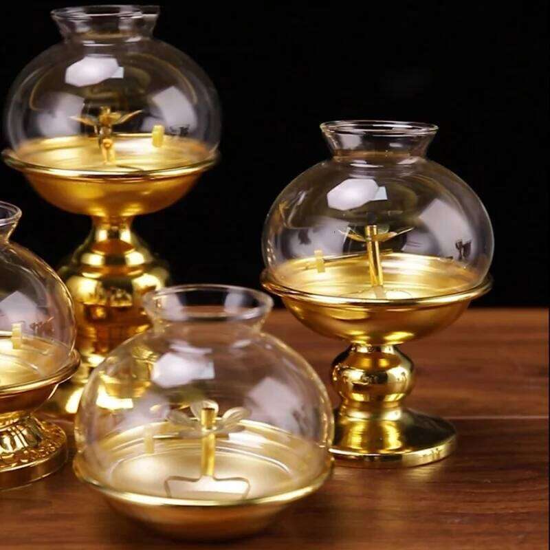 Golden Oil Lamp For Buddha With Glass Windproof Cover,Metal Buddhist Lantern Burner,Religious Candlestick Item XJ260305