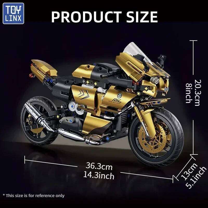 TOYLINX 1:10 Scale Technic Motorcycle Building Blocks 703pcs Black Gold Mechanical Racing Bike Model Kit Movable Parts STEM Toys Z260305