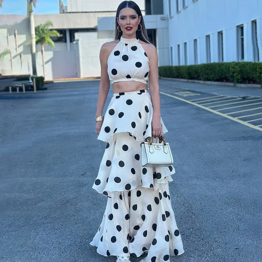 Tuularose Women Long Dress 2 Piece Elegant Polka Dot Sleeveless Top Ruffle Pleated Dress Set Party Sexy Female Dress Set 260304