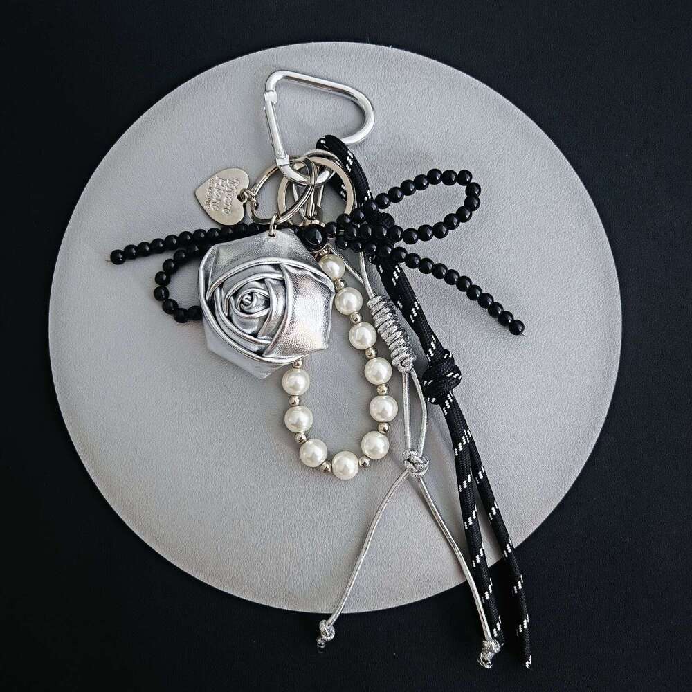 luxury-style bag hanging woven rope ins-style leather DIY keychain rose bow pearl chain pendant