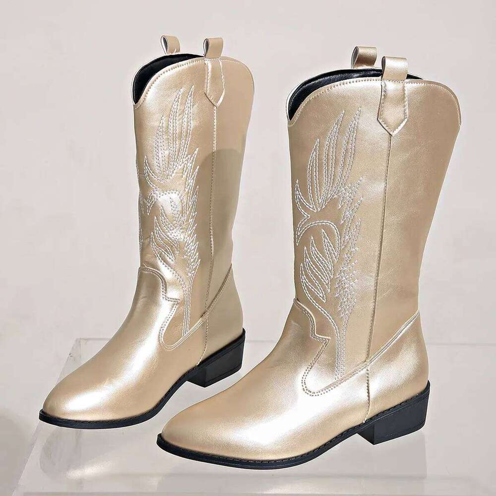 Gold Mid-calf Women 2025 Bohemia Silver Pointed Western Cowboy Boots Retro Fashion Black Boot Plus Size 36-43 WomenBoots