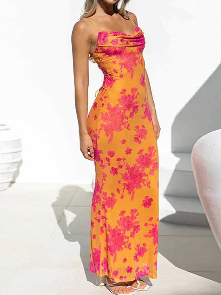Fashion Summer Floral Printing Casual Slip Dress for Women New Slim Evening Party Long Dresses Sexy Backless Holiday Dress Robe X260306