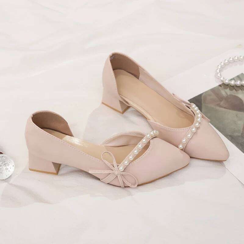 Women's Elegant Pointed Toe Pumps Pearl Bowknot Design Low Chunky Heels Comfortable Cutout Dress Shoes for Wedding Party Office